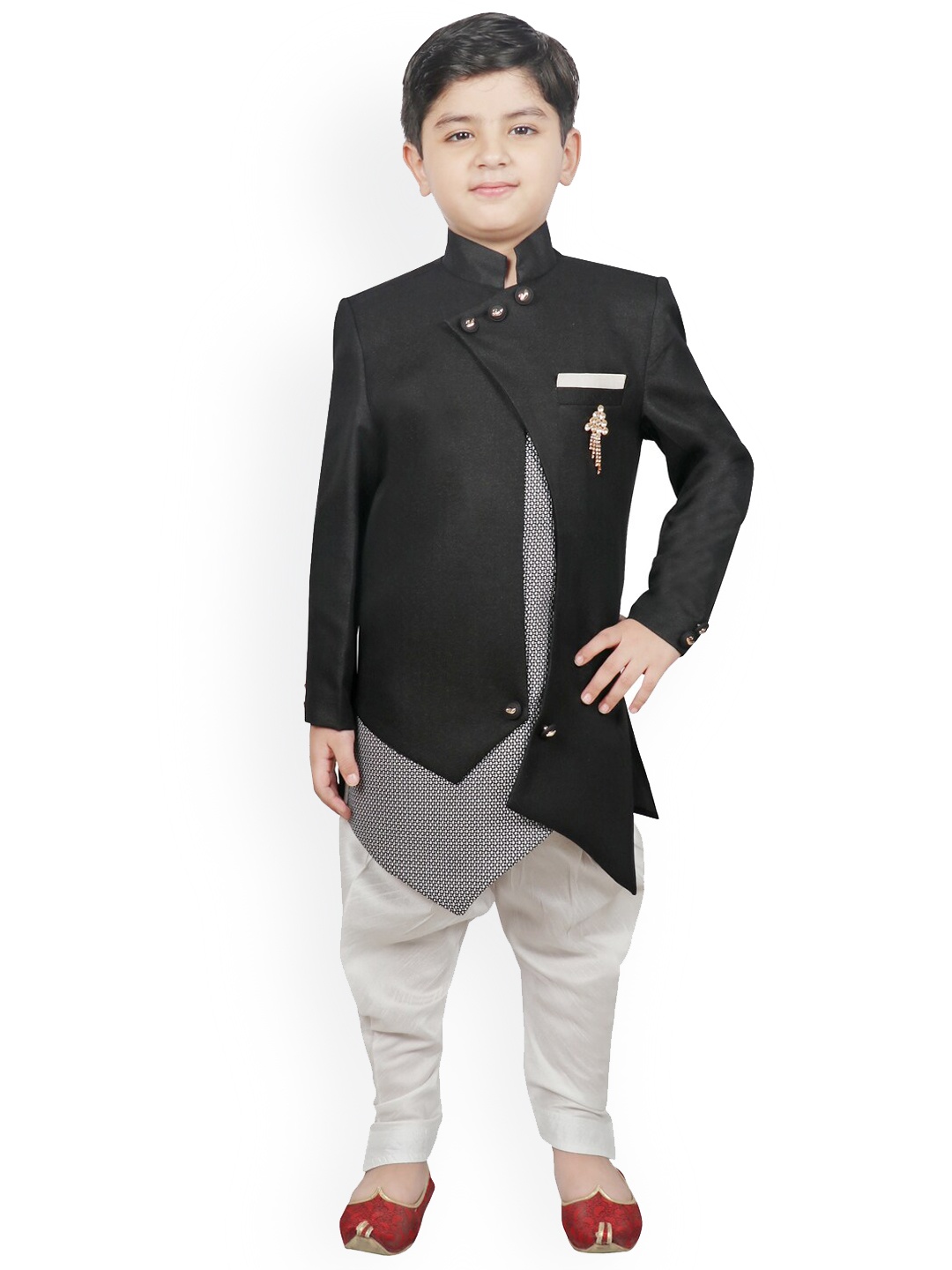 SG YUVRAJ Boys Black & Grey Solid Sherwani Set