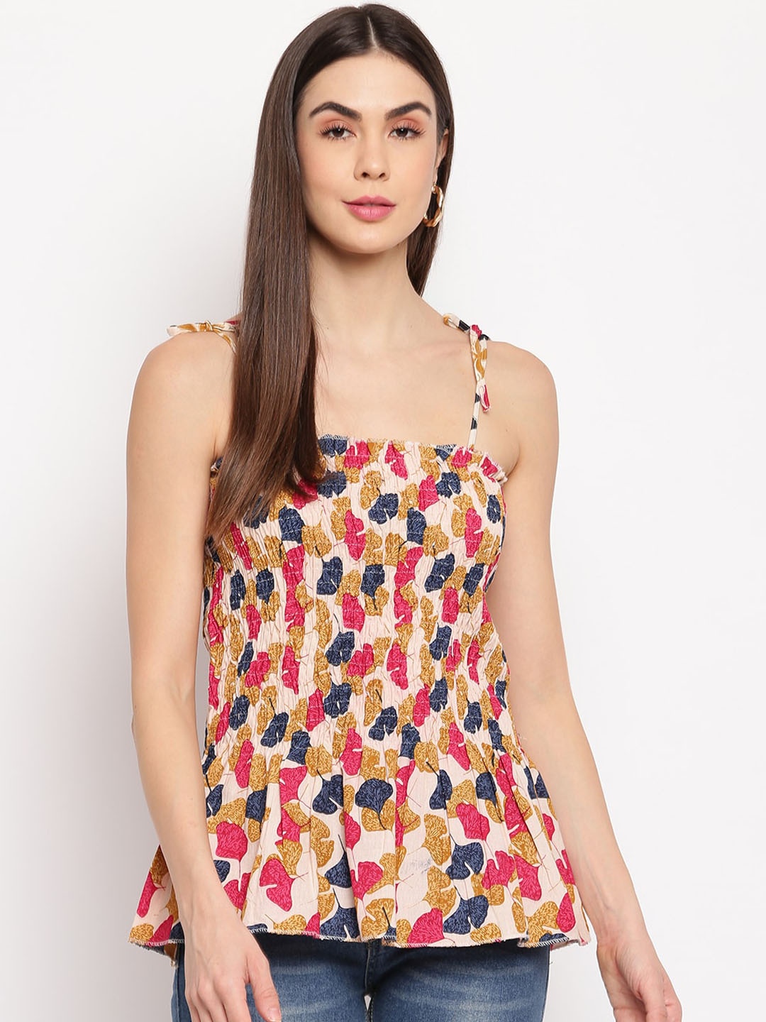 

Aawari Cream-Coloured & Pink Floral Smocked Peplum Top