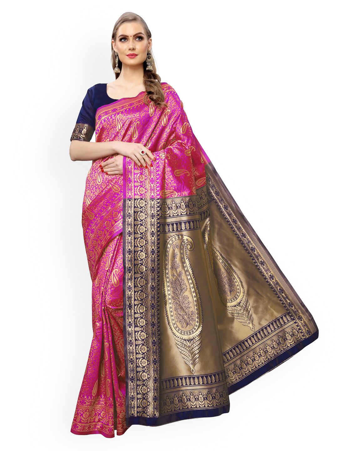 

KALINI Pink & Gold Poly Silk Woven Design Jacquard Handloom Banarasi Saree