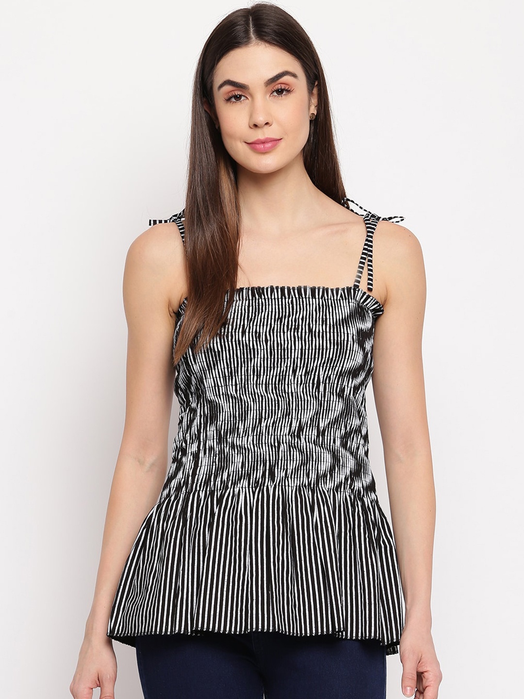 

Aawari Silver-Toned & Black Striped Cinched Waist Top