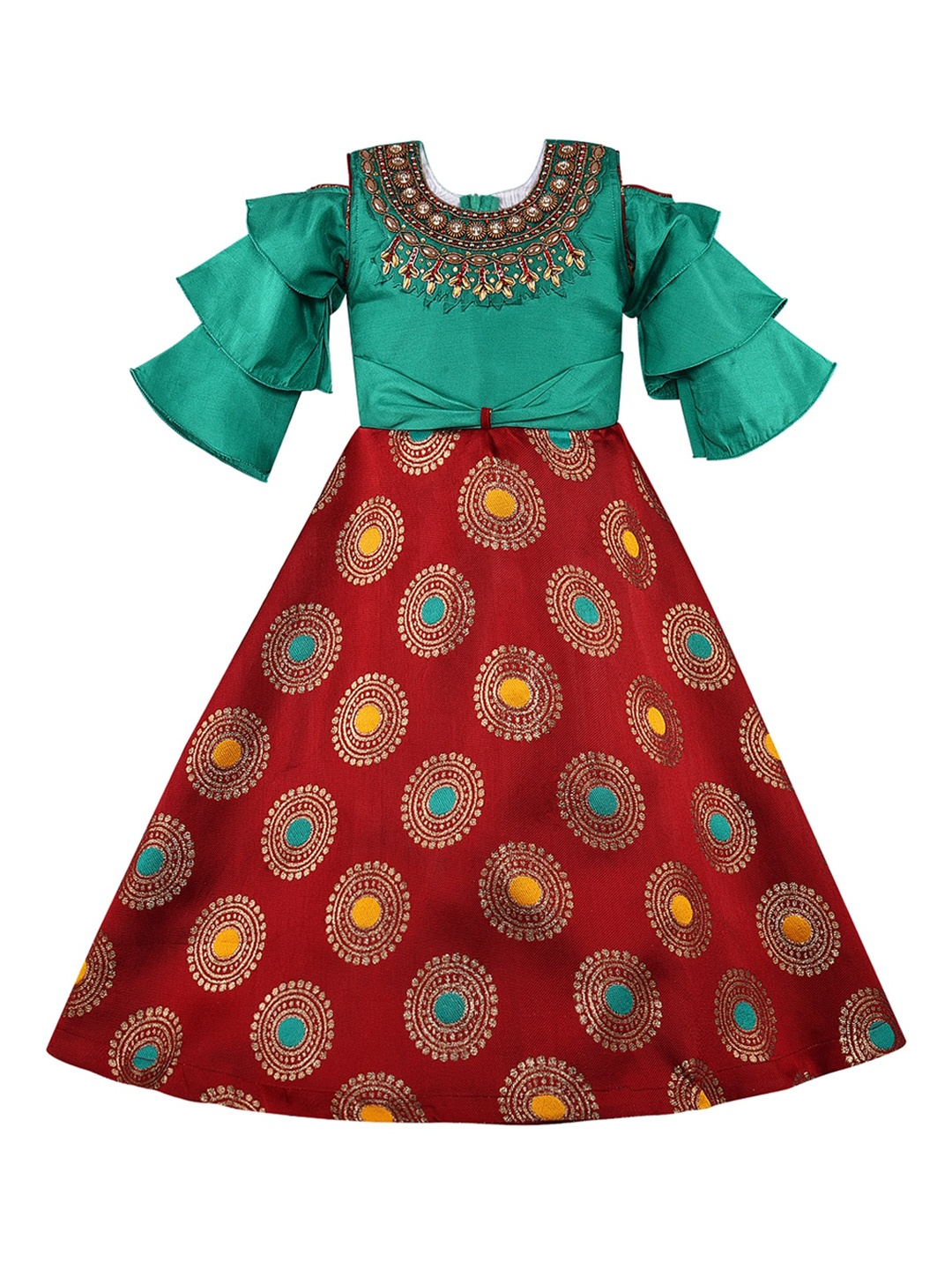 

Wish Karo Girls Maroon & Green Embellished Maxi Dress
