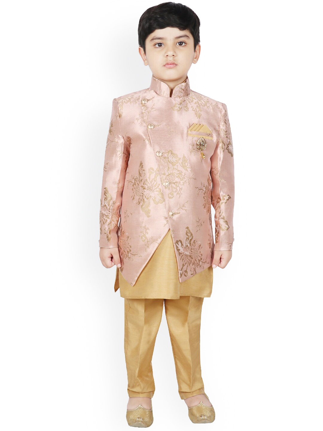 

SG YUVRAJ Boys Peach-Coloured & Gold-Coloured Woven-Design Silk Sherwani Set