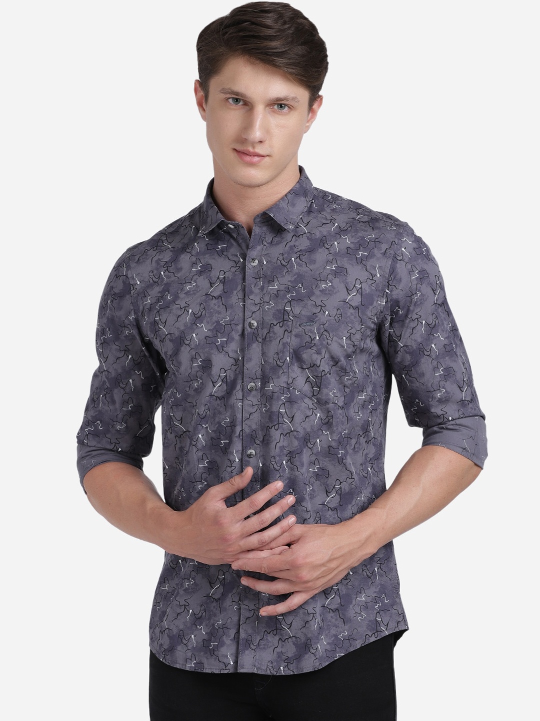 

Crocodile Men Grey Slim Fit Printed Pure Cotton Casual Shirt
