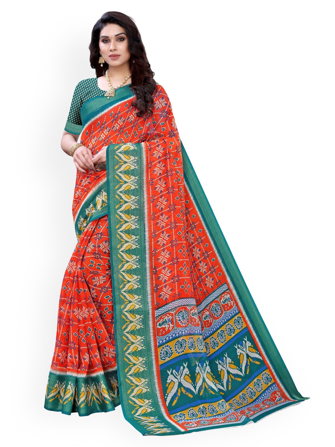 

KALINI Green & Orange Polycotton Printed Patola Saree