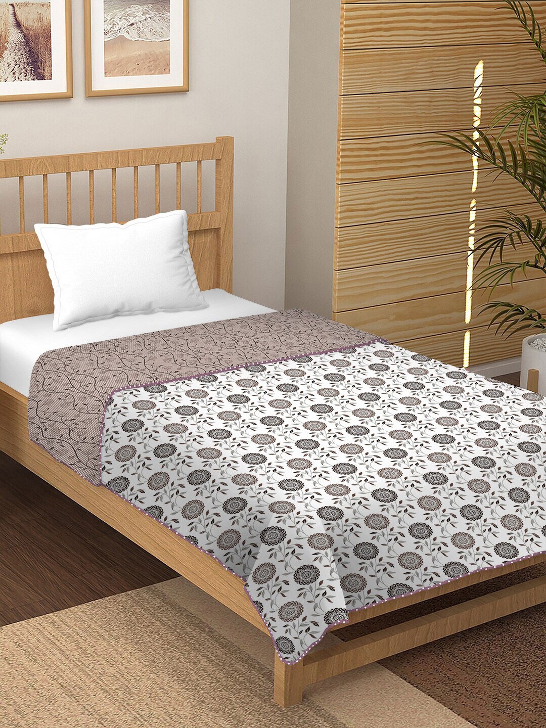 

BELLA CASA White & Grey Floral AC Room 300 GSM Single Bed Dohar