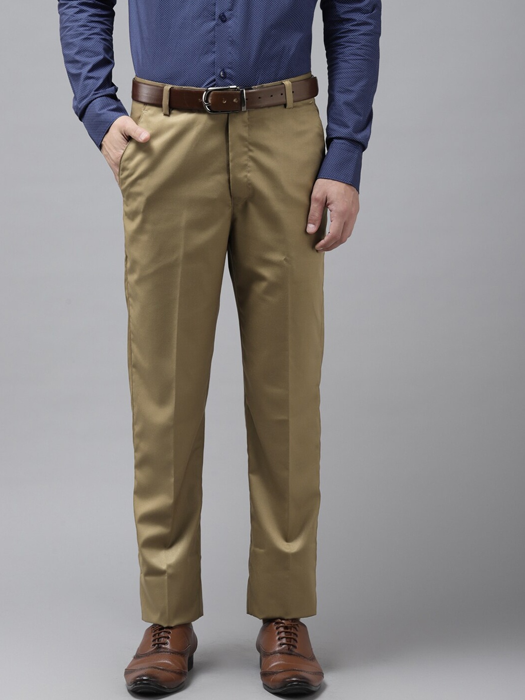 

hangup trend Men Khaki Brown Regular Fit Solid Formal Trousers