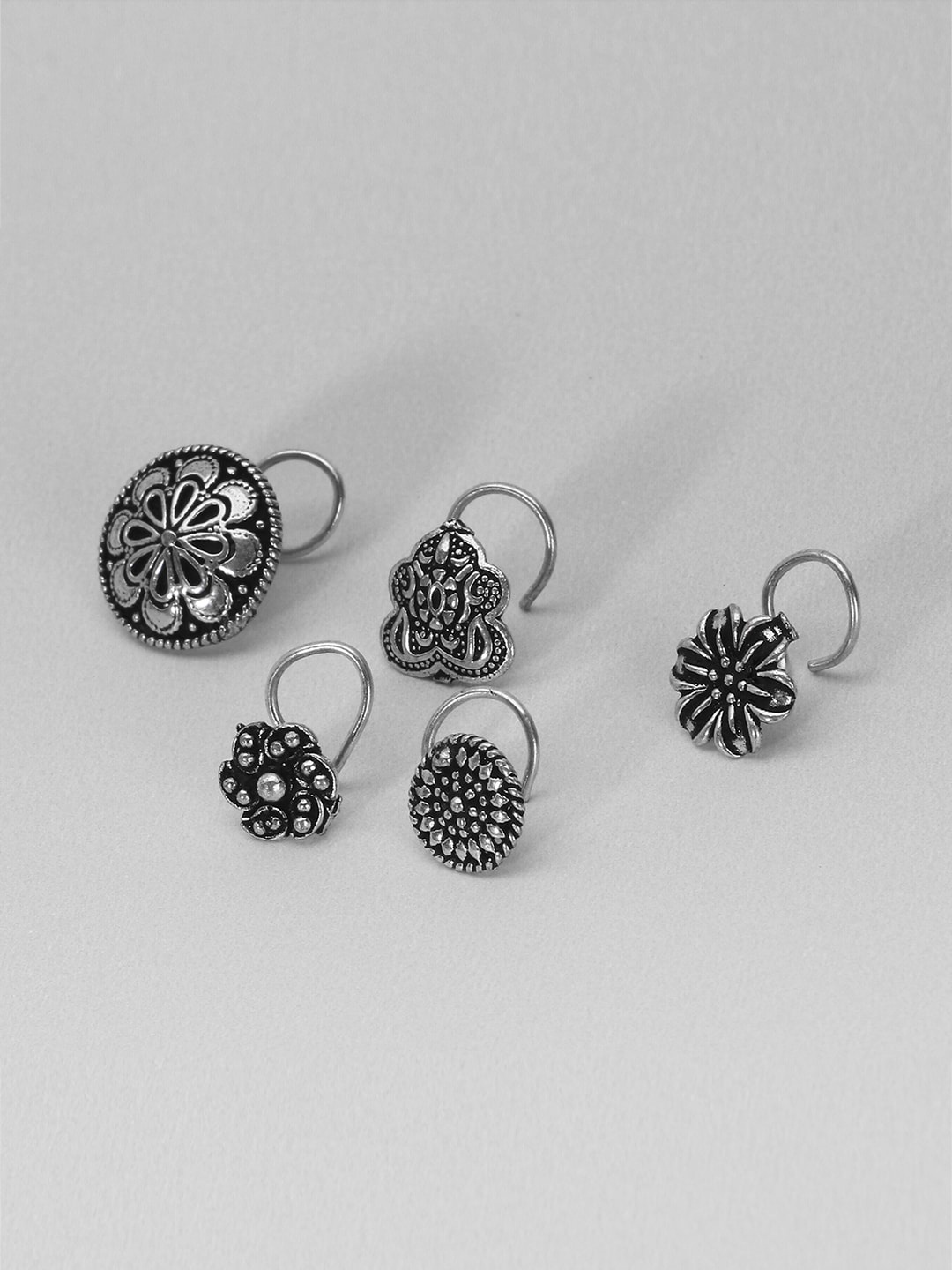 

Adwitiya Collection Set Of 5 Oxidised Silver-Plated Clip-On Nosepins