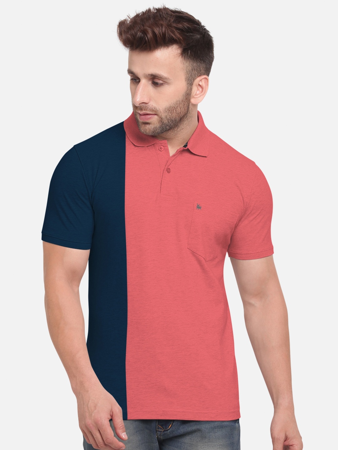

BULLMER Men Coral Red and Blue Colourblocked Polo Collar Cotton T-shirt