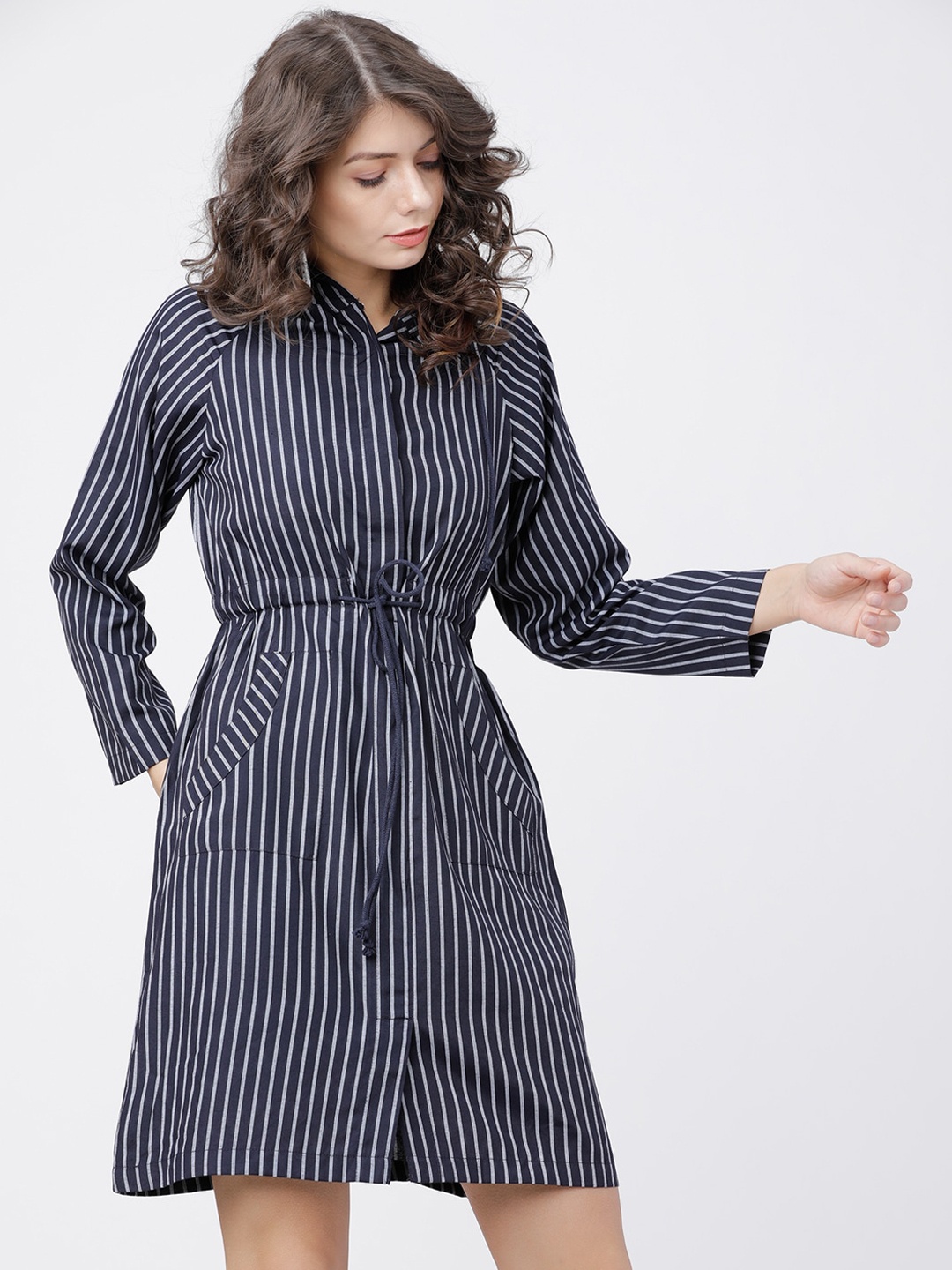 

Tokyo Talkies White & Navy Blue Striped Shirt Hooded Dress