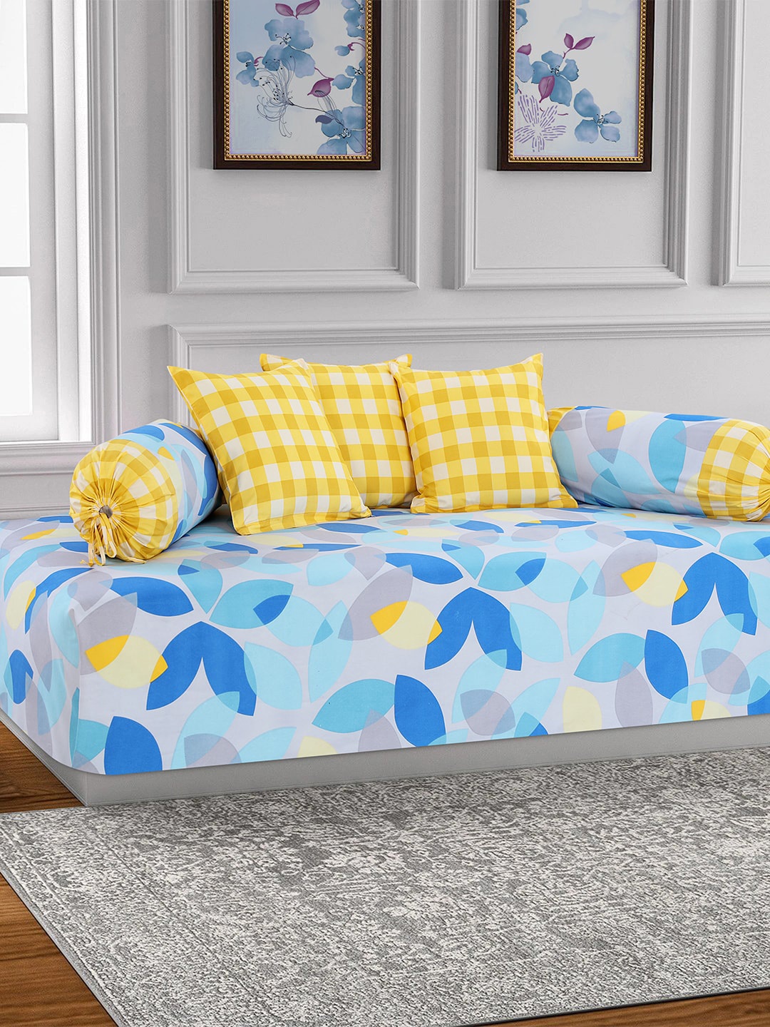 

Salona Bichona Set Of 6 Blue & Yellow Printed 144 TC Cotton Bedsheet With Bolsters & Cushion Covers