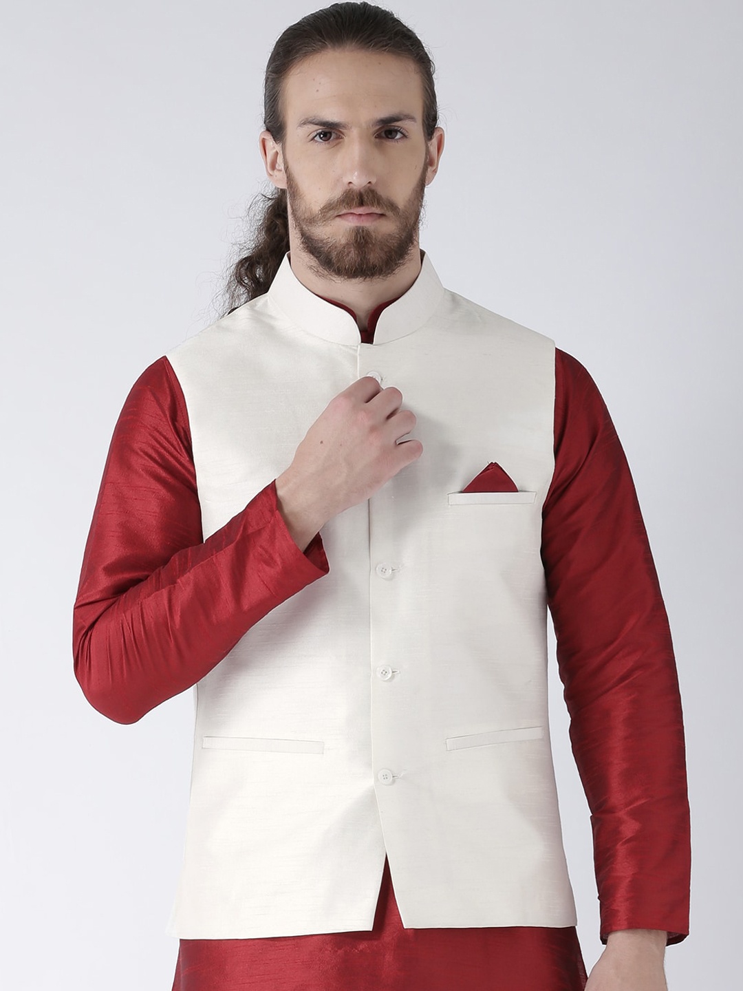 

DEYANN Men Off White Solid Dupion Silk Woven Nehru Jacket