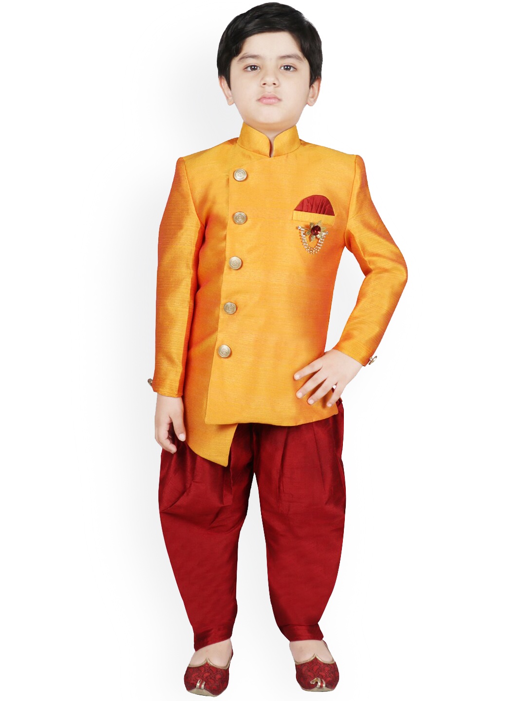 

SG YUVRAJ Boys Yellow & Maroon Solid Sherwani Set