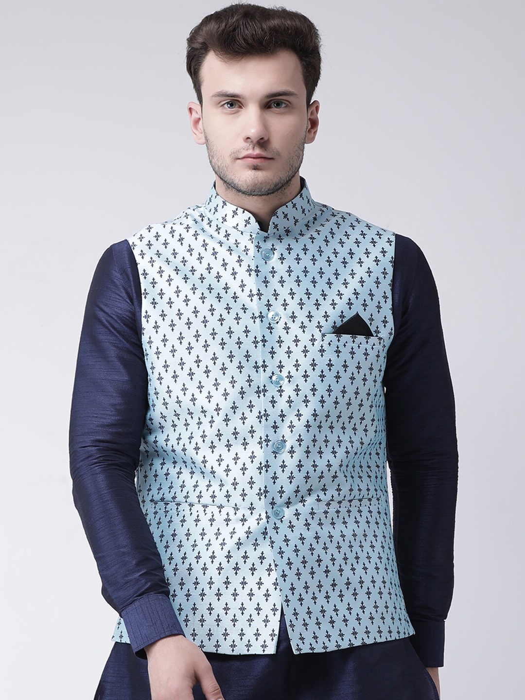 

DEYANN Men Blue Printed Woven Dupion Silk Nehru Jacket