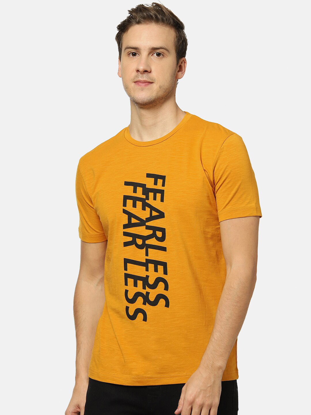 

Campus Sutra Men Mustard Yellow Printed Round Neck Cotton T-shirt