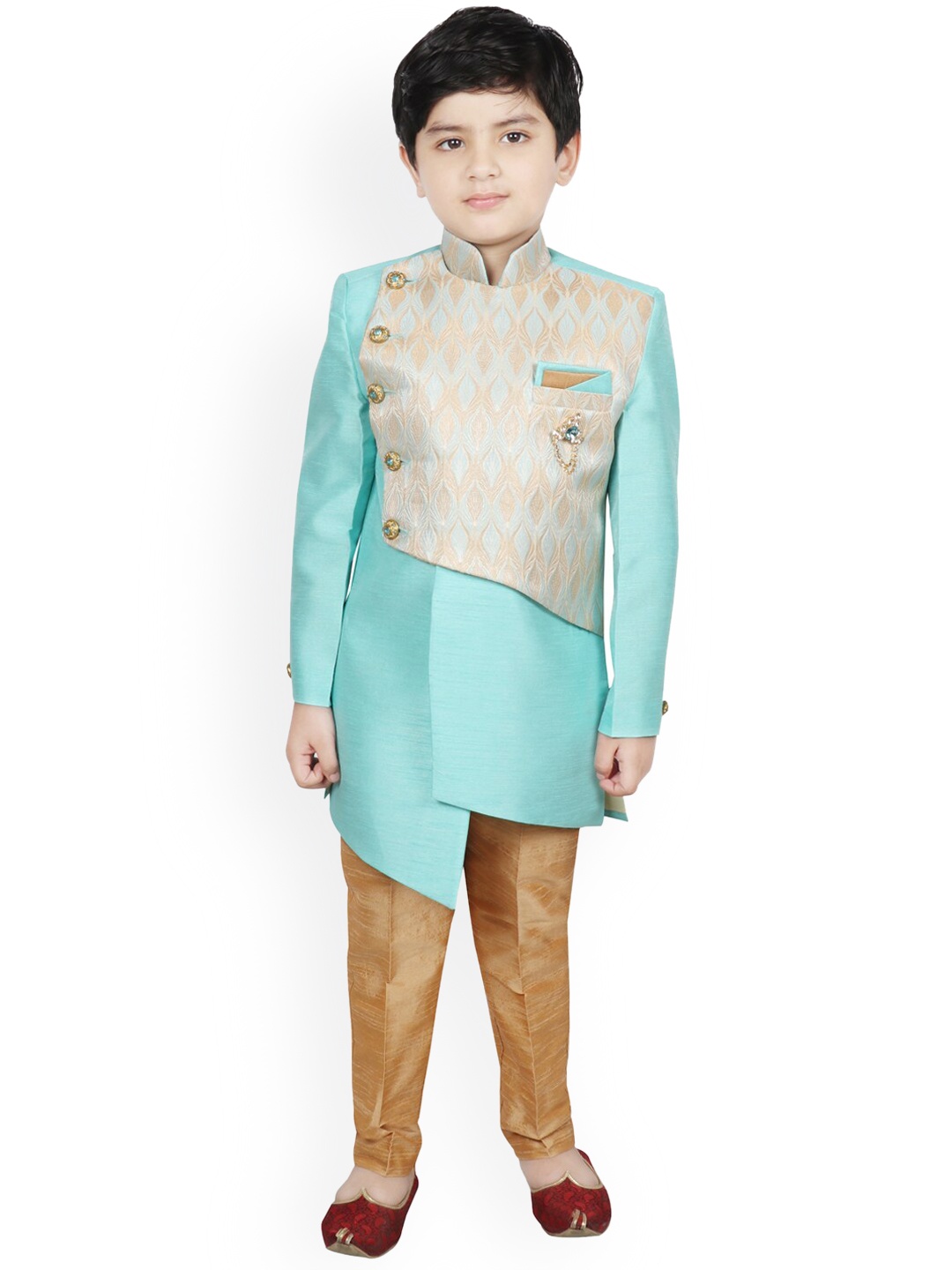 

SG YUVRAJ Boys Turquoise-Blue & Gold-Coloured Woven-Design Sherwani Set