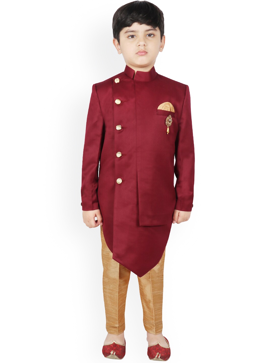 

SG YUVRAJ Boys Burgundy & Beige Solid Sherwani Set