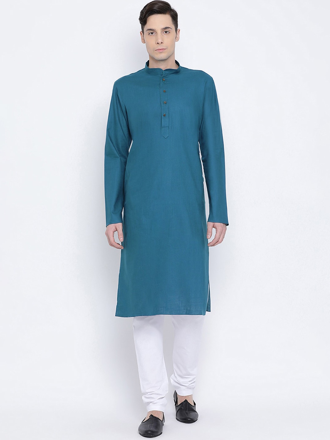 NAMASKAR Men Blue Cotton Solid Kurta