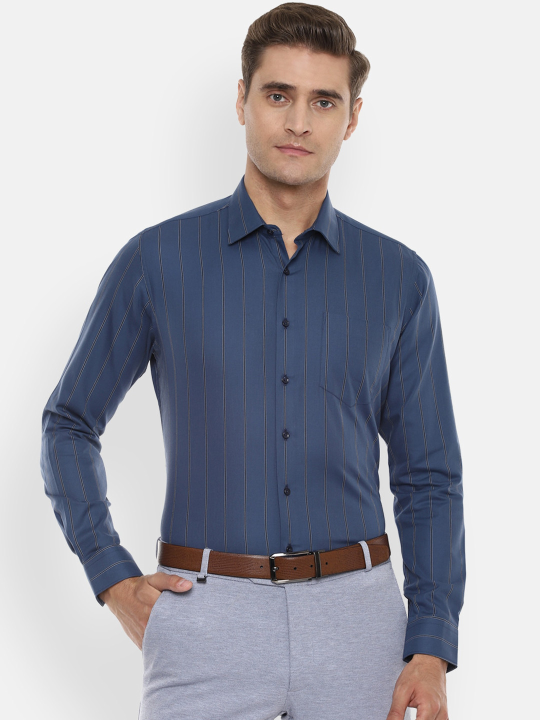 

Van Heusen Men Navy Blue & White Slim Fit Striped Cotton Formal Shirt