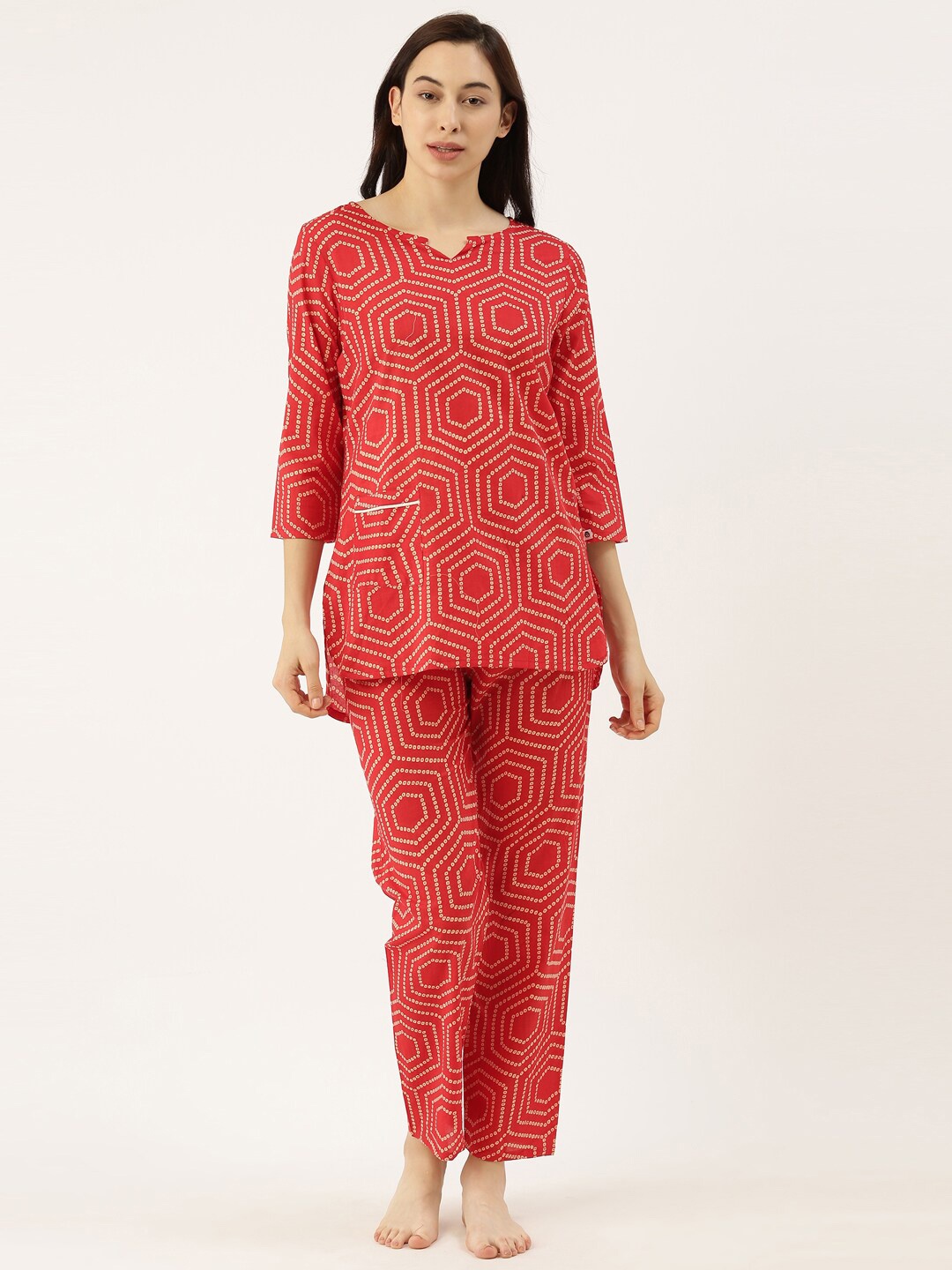 

Bannos Swagger Women Red & White Printed Night suit