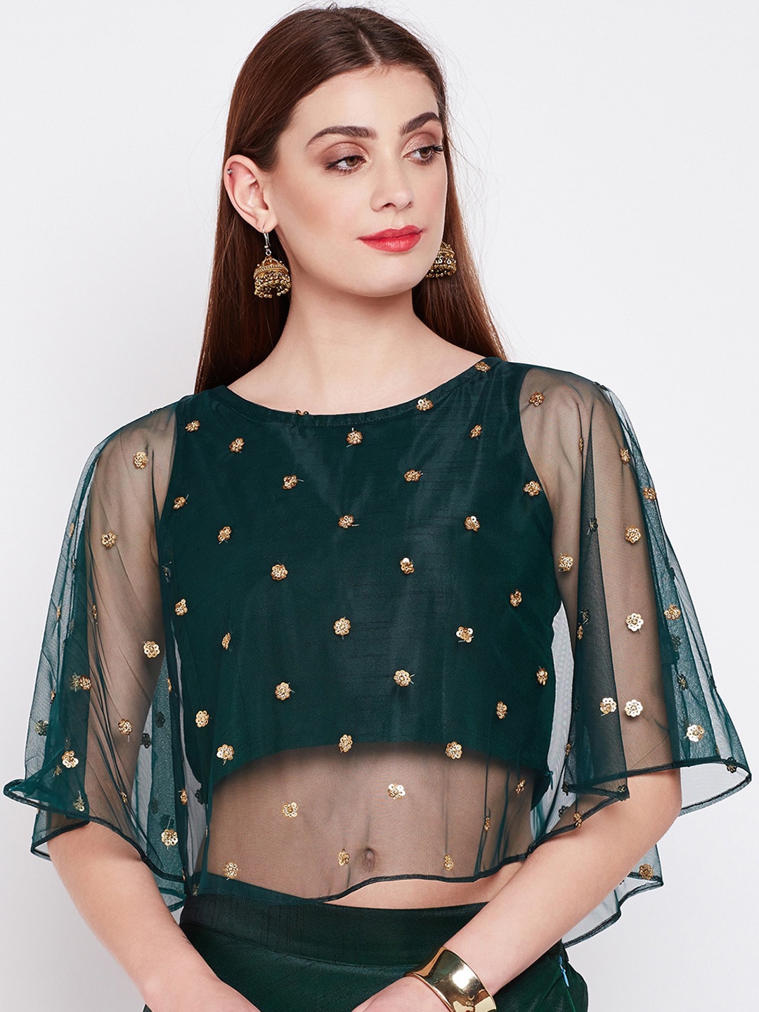 

studio rasa Green & Gold-Toned Sequin Embroidered Net Cape Crop Top