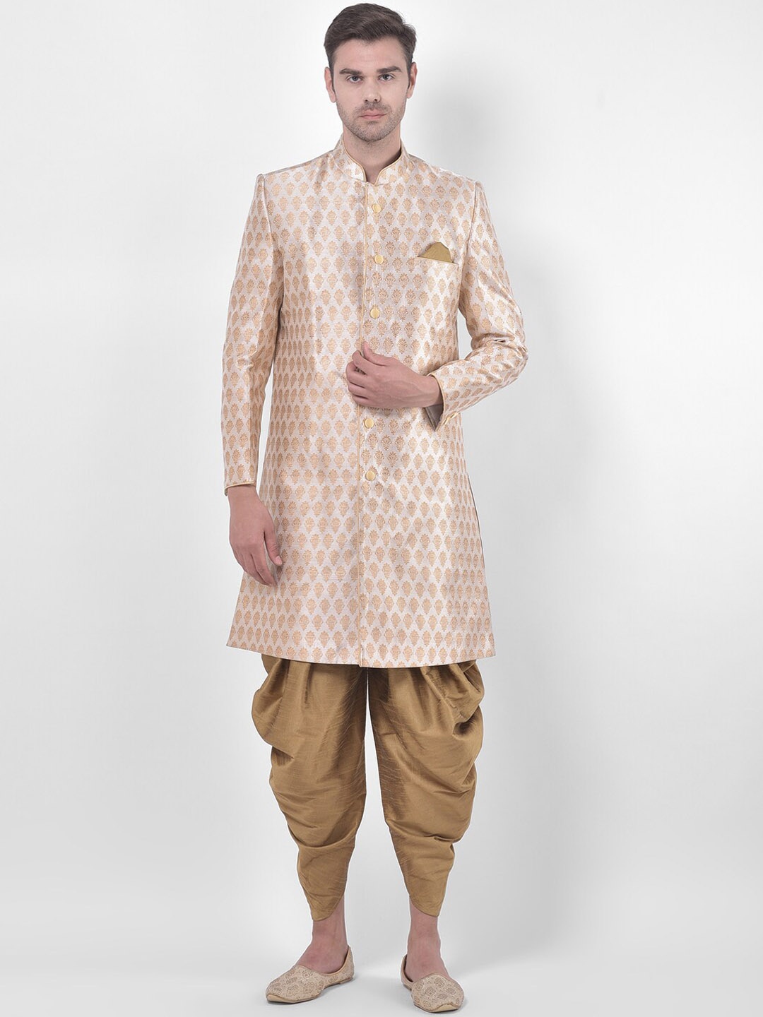

DEYANN Men Cream-Coloured & Brown Woven-Design Jacquard & Dupion Silk Sherwani Set