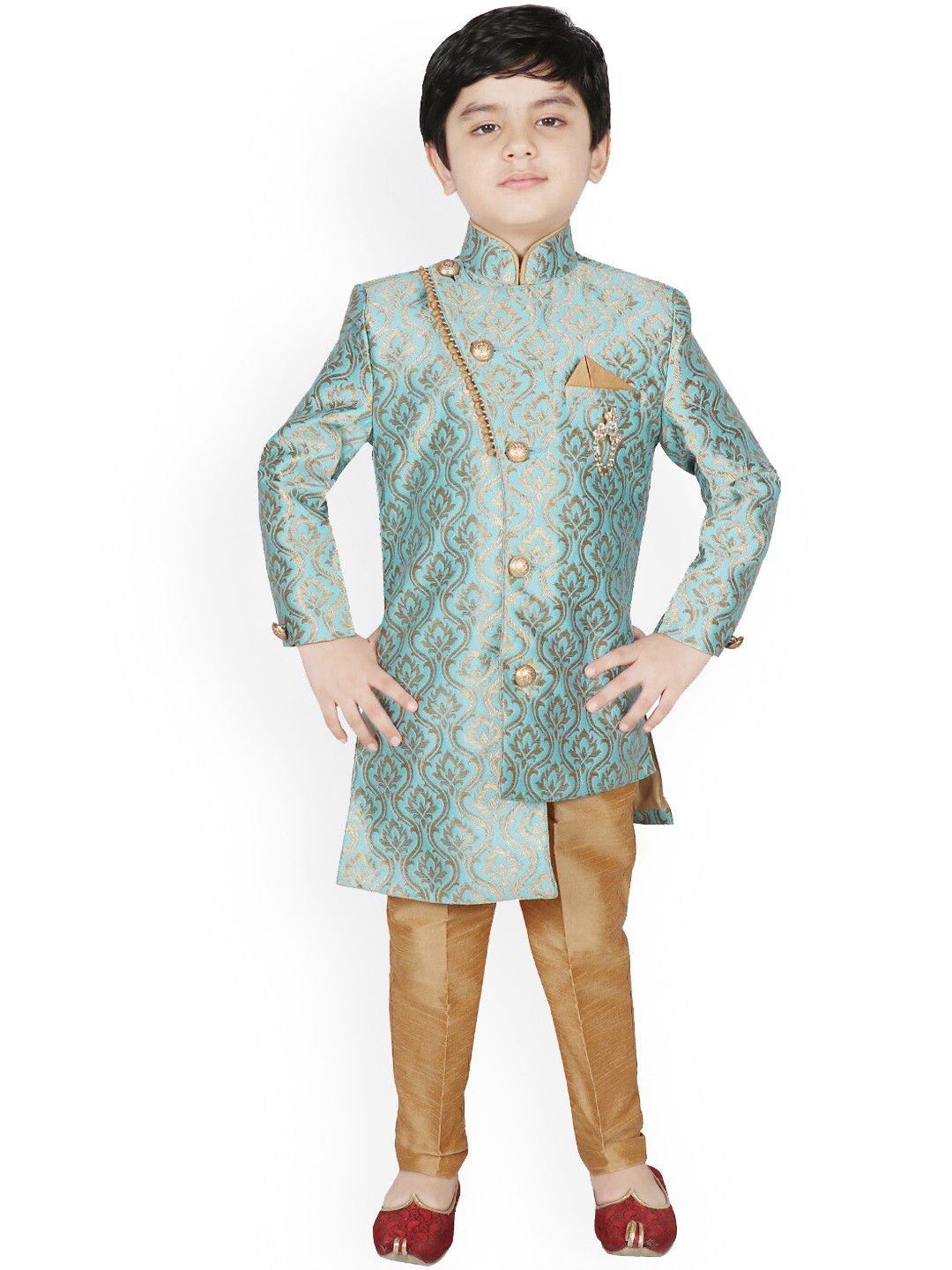 

SG YUVRAJ Boys Turquoise Blue & Gold-Coloured Woven-Design Sherwani Set