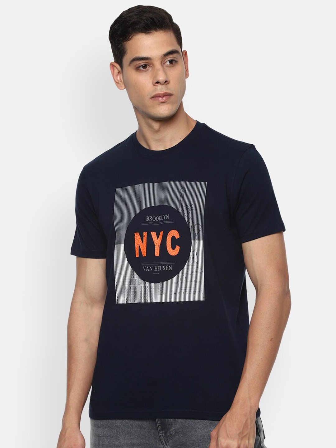 Van Heusen Sport Men Navy Blue Grey Printed Round Neck Pure Cotton T-shirt
