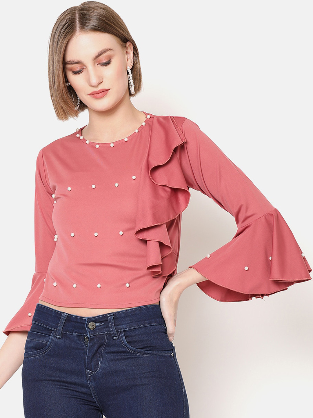 

V2 Value & Variety Orange Embellished Regular Crop Top