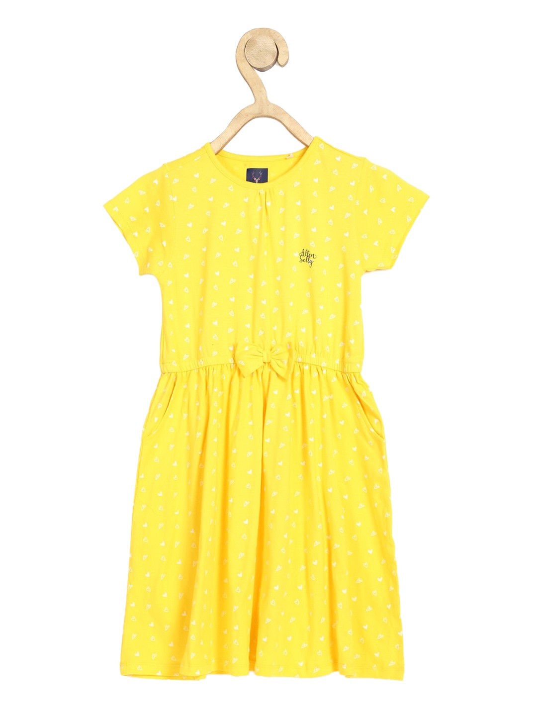 

Allen Solly Junior Girls Yellow & White Heart Print A-Line Dress with Bow Detail