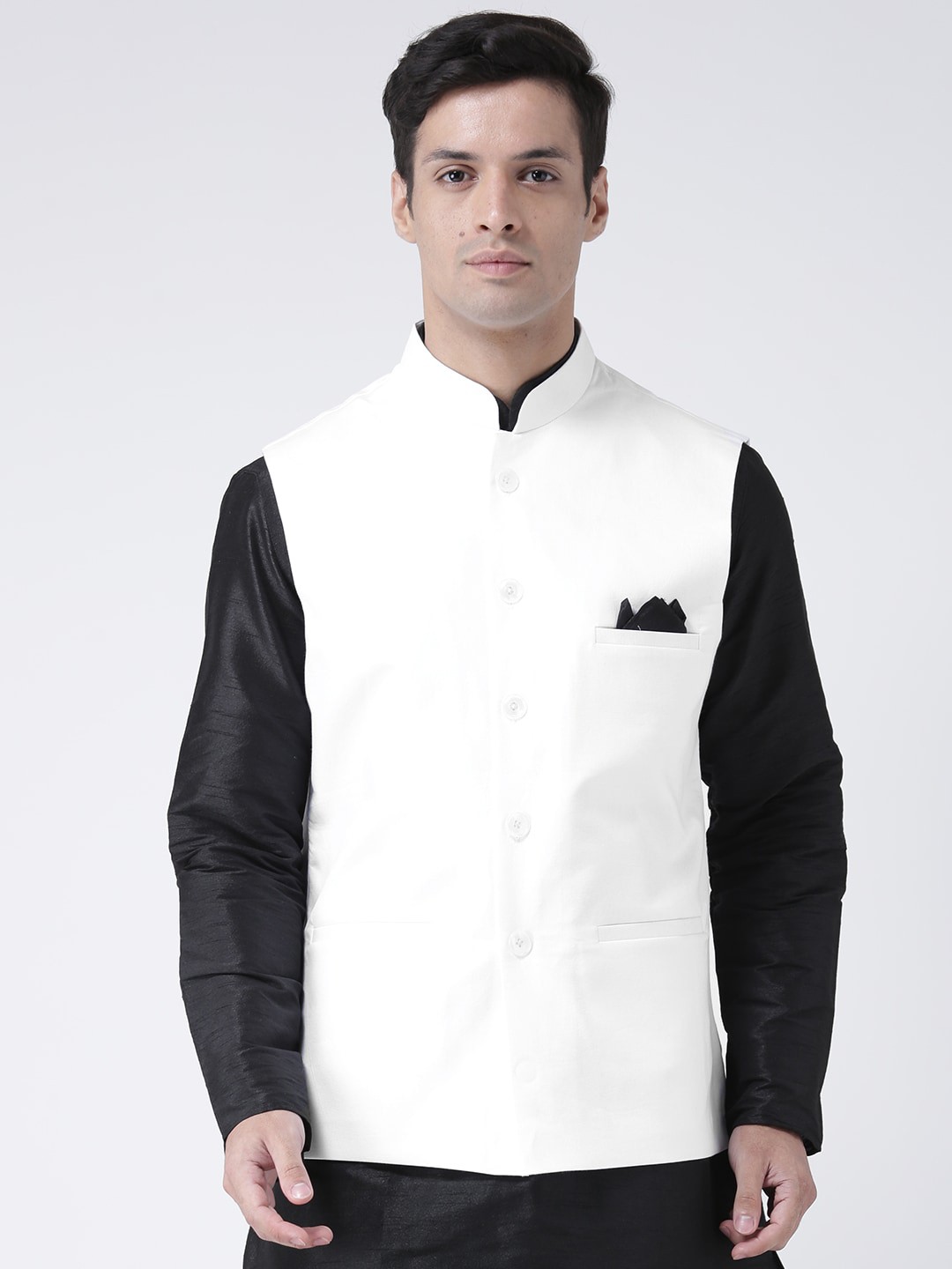 

DEYANN Men White Solid Woven Dupion Silk Nehru Jacket