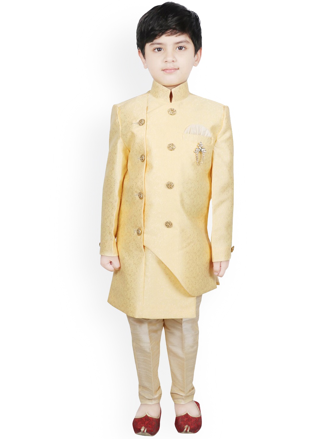 

SG YUVRAJ Boys Yellow & Beige Woven-Design Raw-Silk Sherwani Set