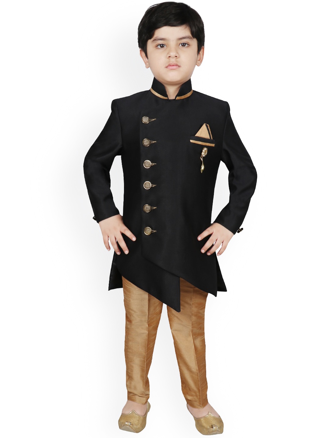 

SG YUVRAJ Boys Black & Gold-Coloured Solid Sherwani Set