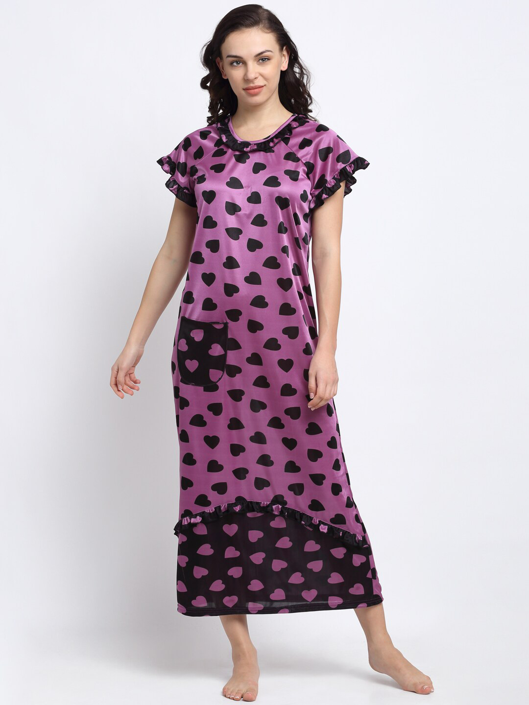 

NEUDIS Purple & Black Printed Satin Blend Nightdress