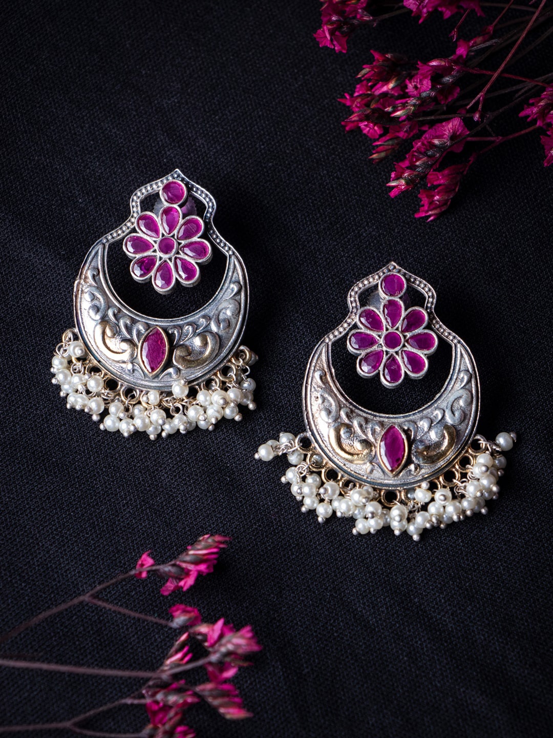 

MORKANTH JEWELLERY Silver-Plated Pink Floral Chandbalis