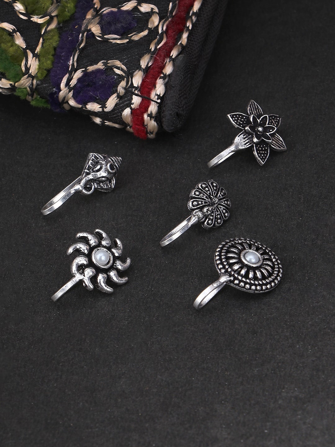 

Adwitiya Collection Set Of 5 Oxidised Silver-Plated Clip-On Nosepins