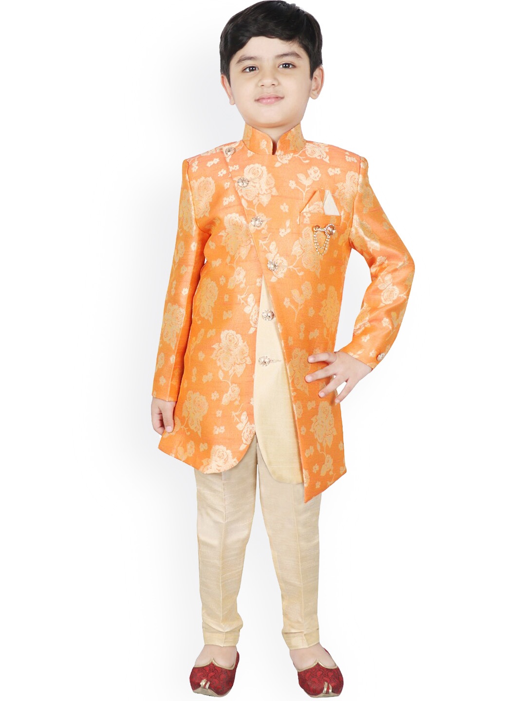 

SG YUVRAJ Boys Orange & Beige Silk Sherwani Set