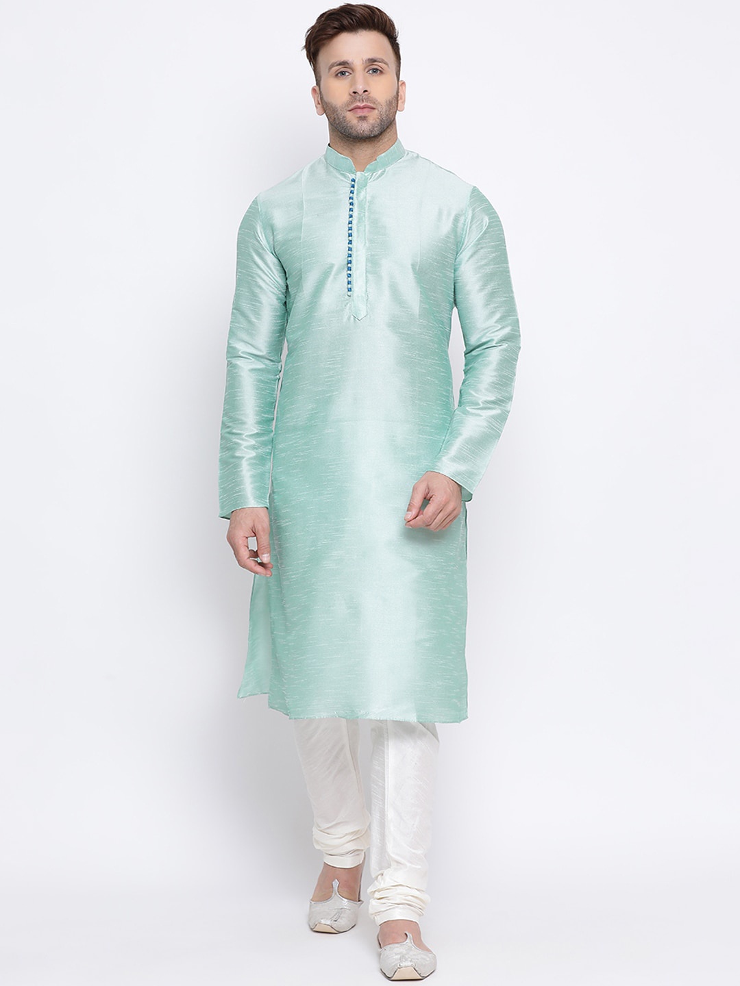 NAMASKAR Men Sea Green Dupion Silk Solid Woven Design Kurta