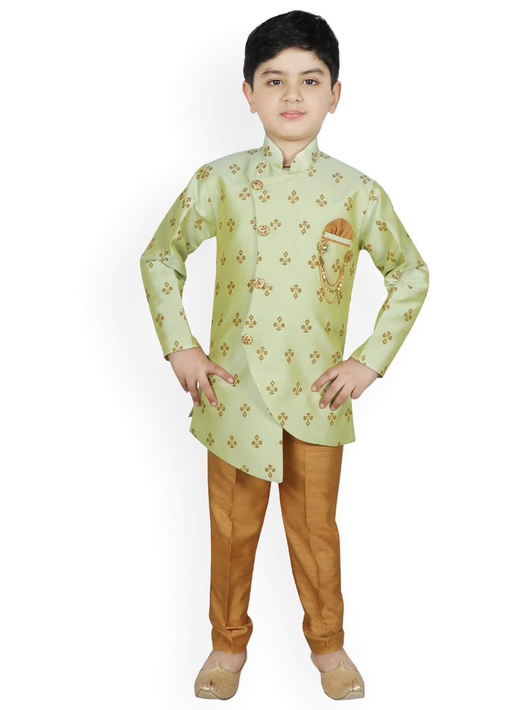 

SG YUVRAJ Boys Green & Gold Colored Printed Sherwani Set