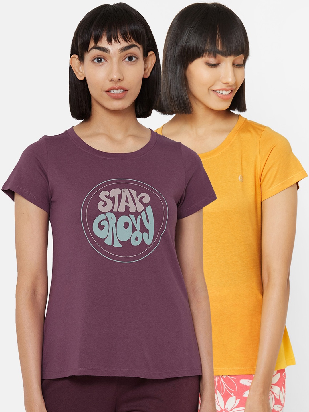 

Soie Women Pack Of 2 Printed Lounge T-Shirts, Yellow