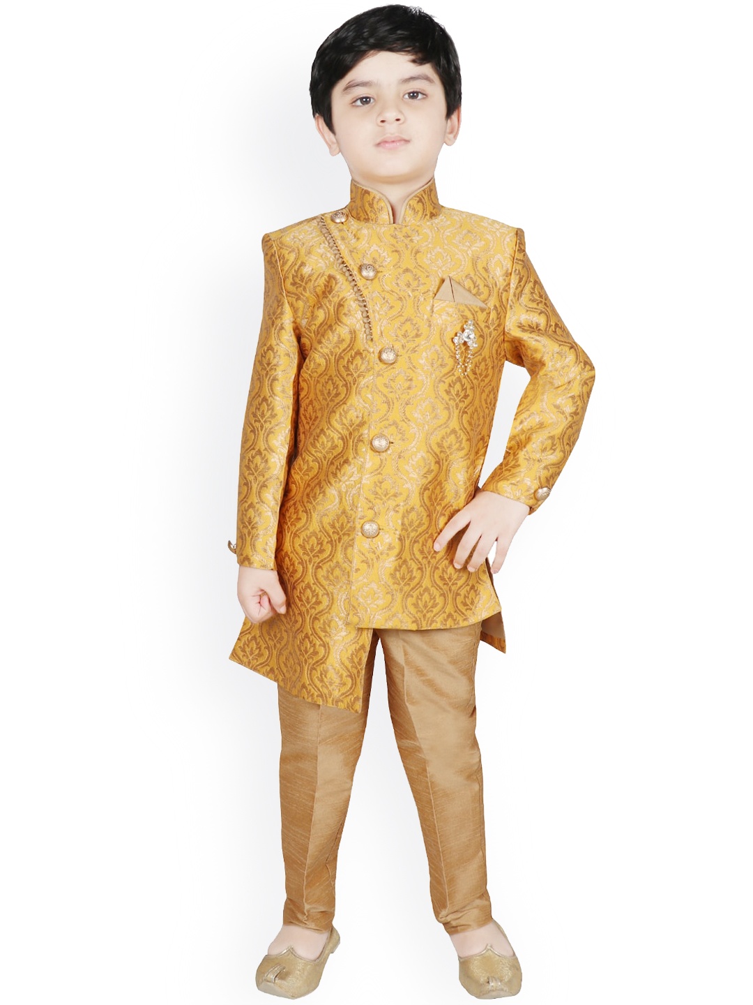 

SG YUVRAJ Boys Yellow & Beige Woven-Design Sherwani Set