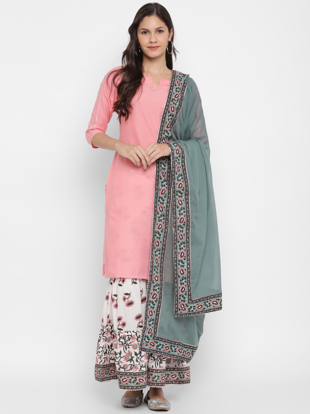 Vbuyz Women Pink & Green Yoke Design Kurta with Palazzos & Dupatta