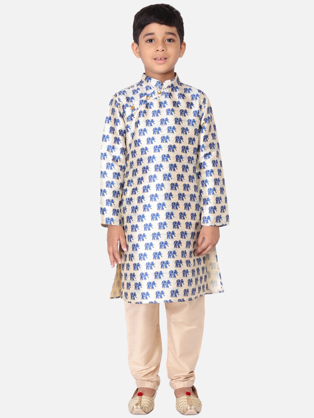 TABARD Boys Cream-Coloured & Blue Cotton Printed Kurta with Trousers