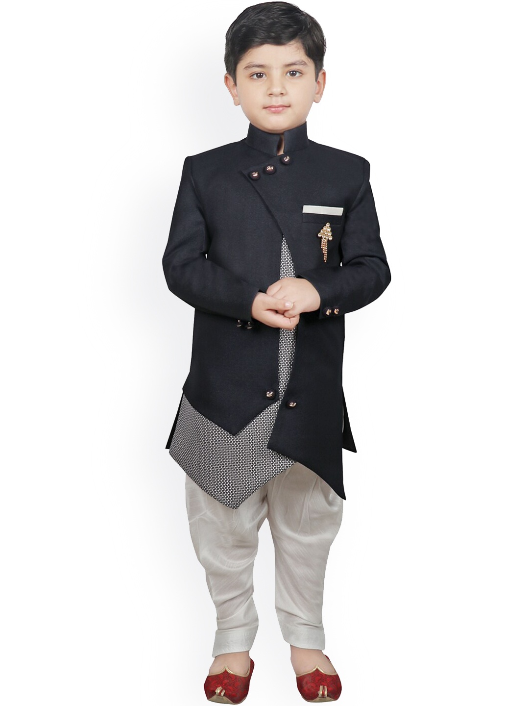 

SG YUVRAJ Boys Navy Blue & White Solid Sherwani Set