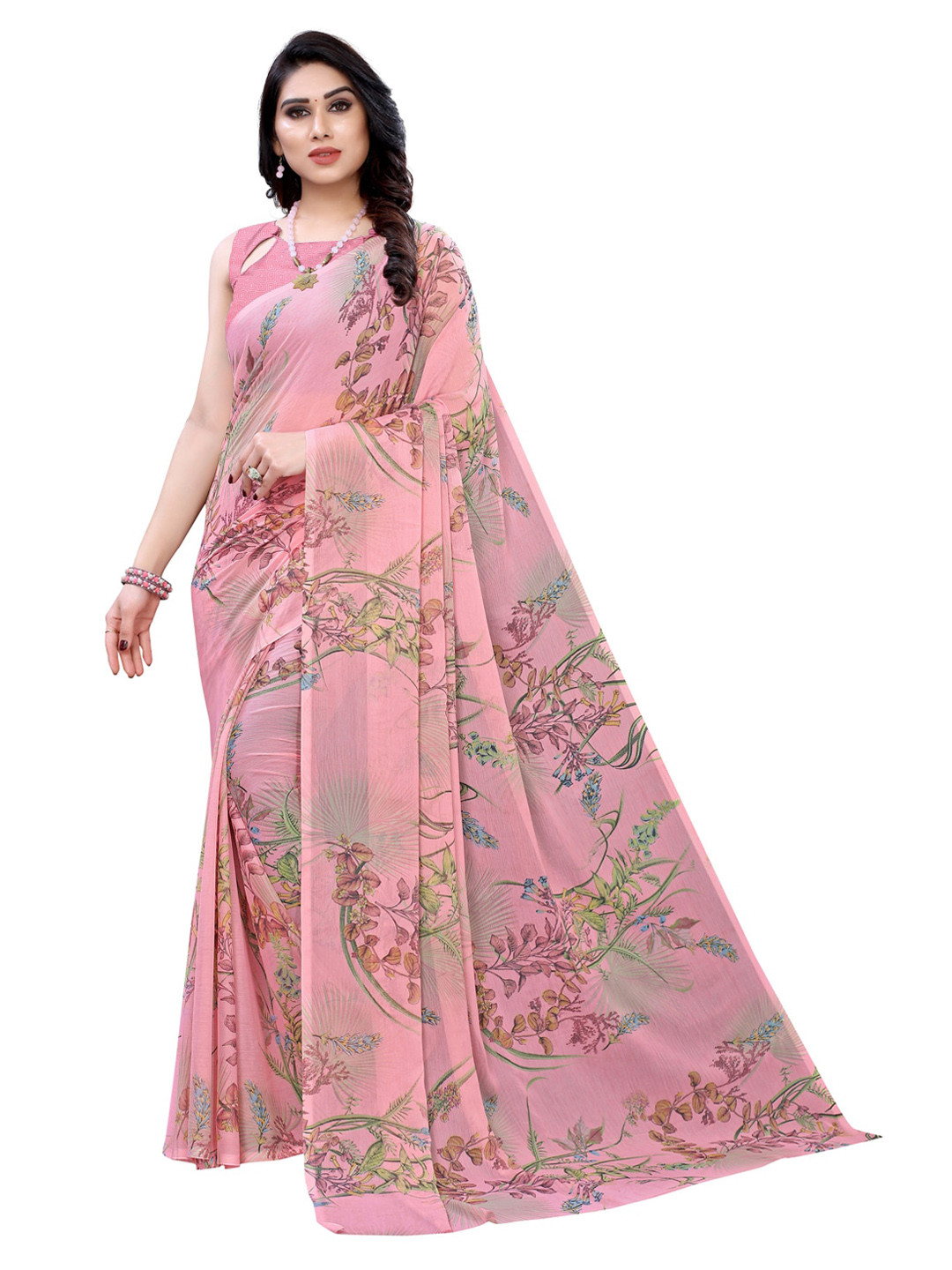 

KALINI Pink Printed Pure Chiffon Saree