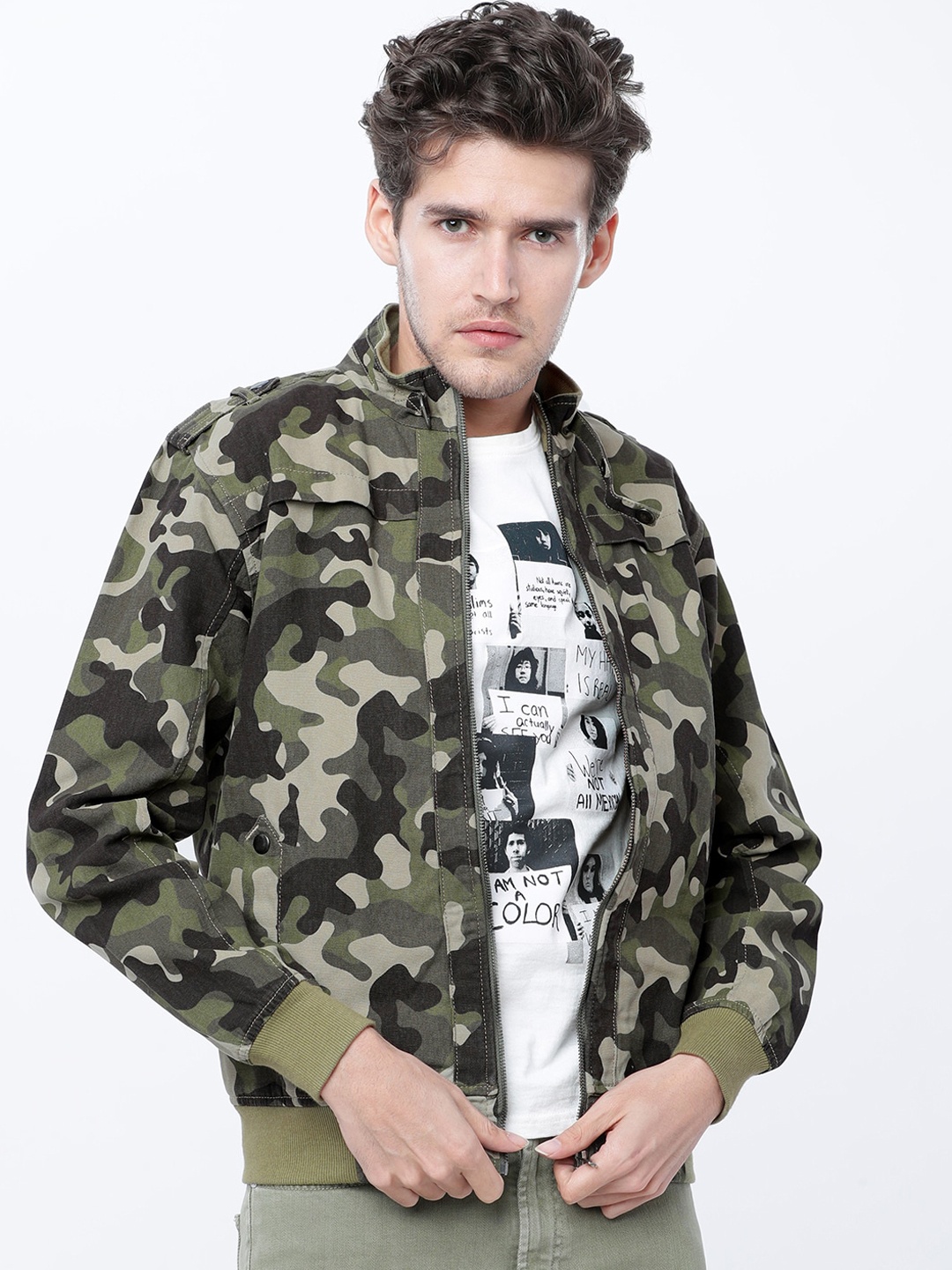 

HIGHLANDER Men Olive Green & Beige Camouflage Bomber Jacket