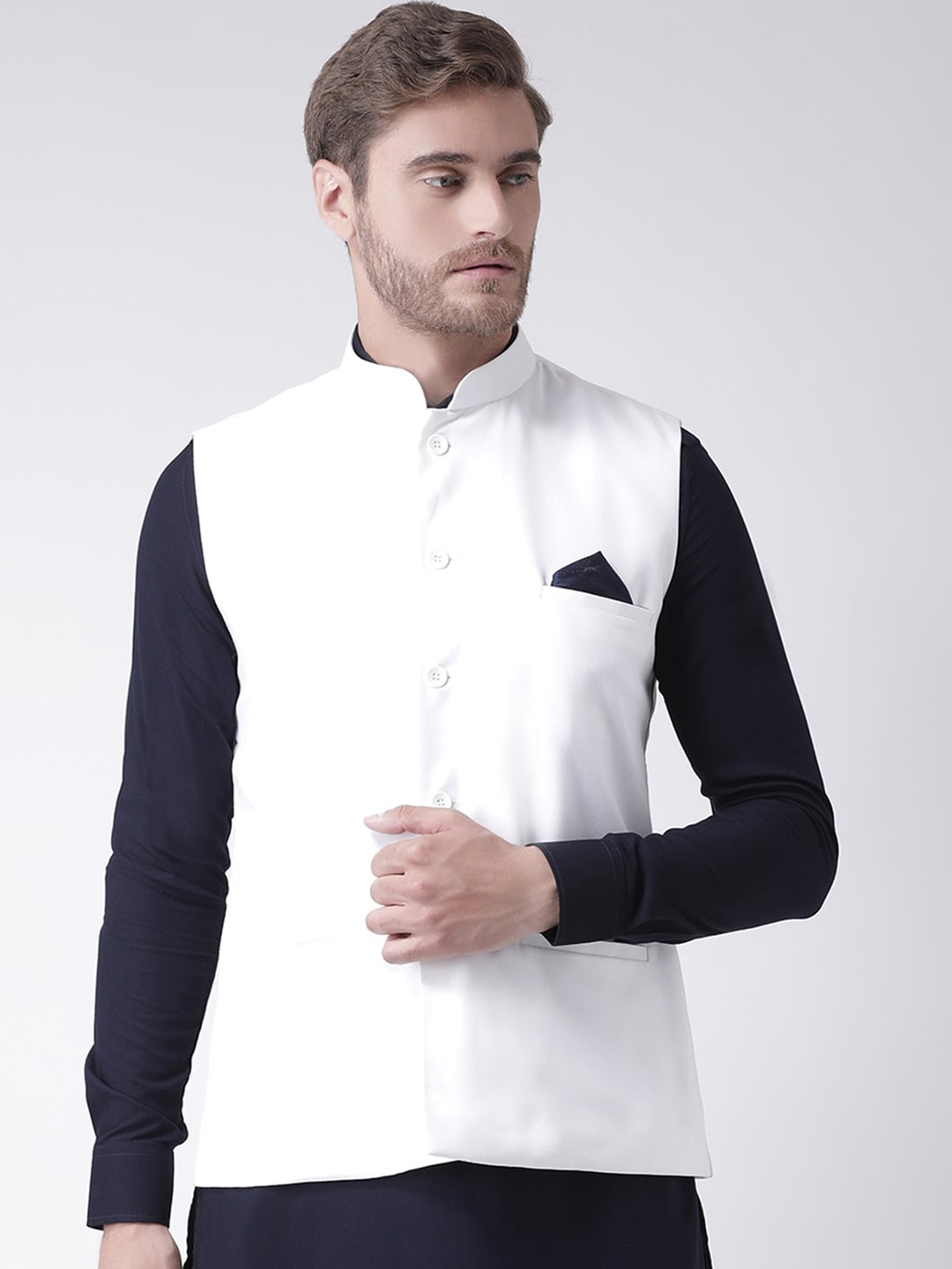 DEYANN Men White Solid Jacquard Silk Woven Nehru Jacket