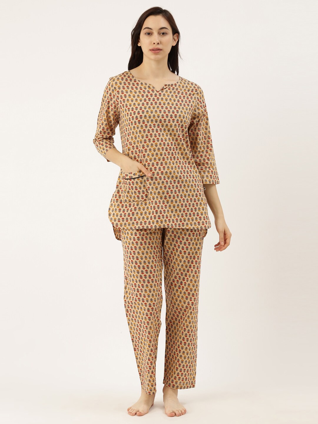 

Bannos Swagger Women Beige & Red Printed Night Suit