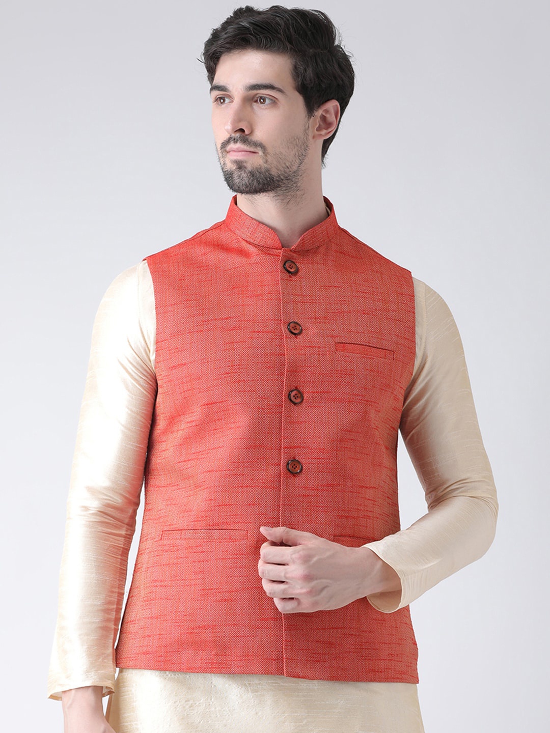 

DEYANN Men Red Woven Design Jacquard & Dupion Silk Nehru Jacket