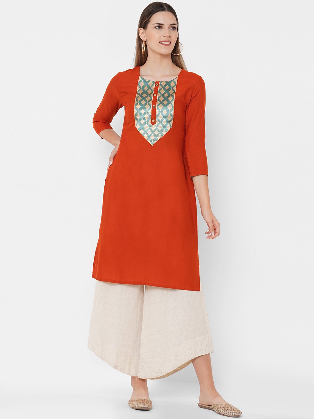 

FASHOR Women Rust Red & Green Yoke Design Kurta