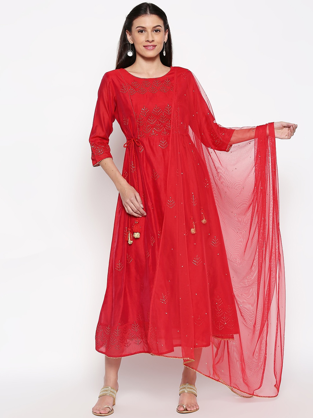 

RANGMANCH BY PANTALOONS Women Red Embellished A-Line Ethnic Dress with Dupatta